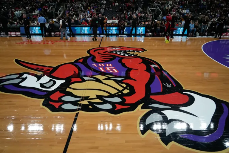 Dec 7, 2025; Toronto, Ontario, CAN; A view of the Toronto Raptors logo at center court for its city connect game against the Boston Celtics at Scotiabank Arena. Mandatory Credit: John E. Sokolowski-Imagn Images. Aleksa Avramovic can be an intriguing option for them.