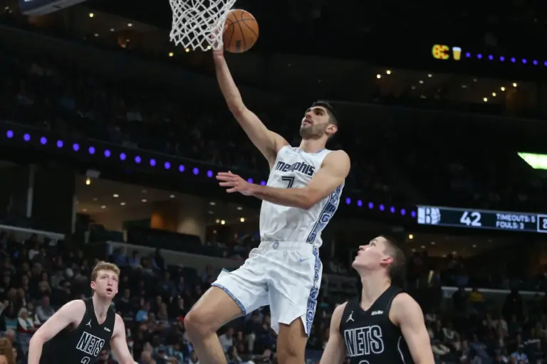 Memphis Grizzlies forward Santi Aldama (7) shoots during the second quarter against the Brooklyn Nets at FedExForum.