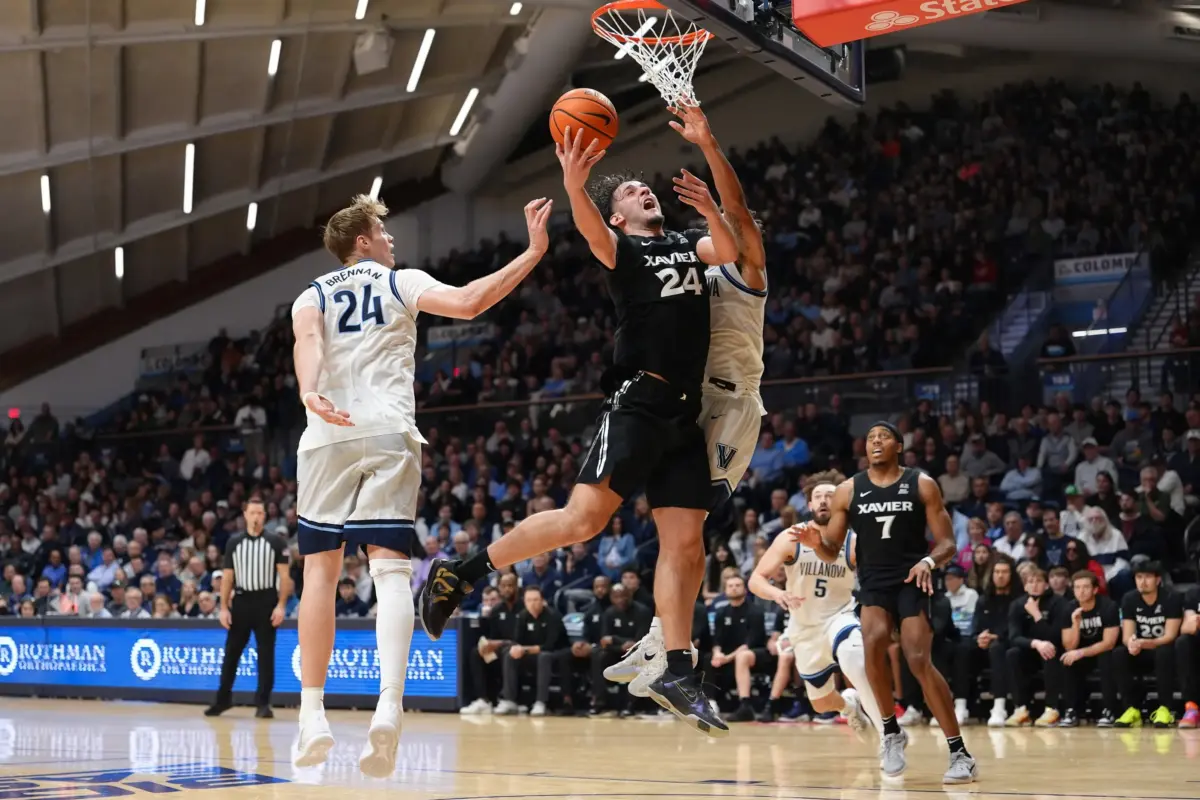 Mar 7, 2026; Villanova, Pennsylvania, USA; Xavier Musketeers forward Jovan Milicevic (24) drives to shoot against the Villanova Wildcats in the second half at William B. Finneran Pavilion. Mandatory Credit: Kyle Ross-Imagn Images