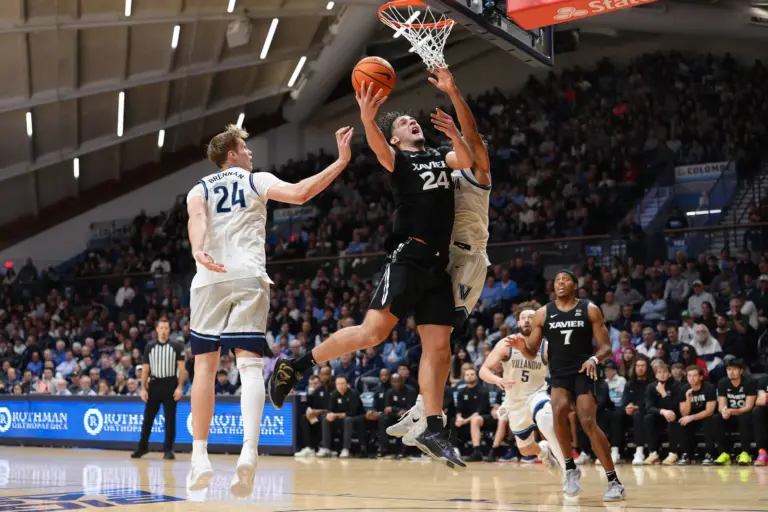 Mar 7, 2026; Villanova, Pennsylvania, USA; Xavier Musketeers forward Jovan Milicevic (24) drives to shoot against the Villanova Wildcats in the second half at William B. Finneran Pavilion. Mandatory Credit: Kyle Ross-Imagn Images