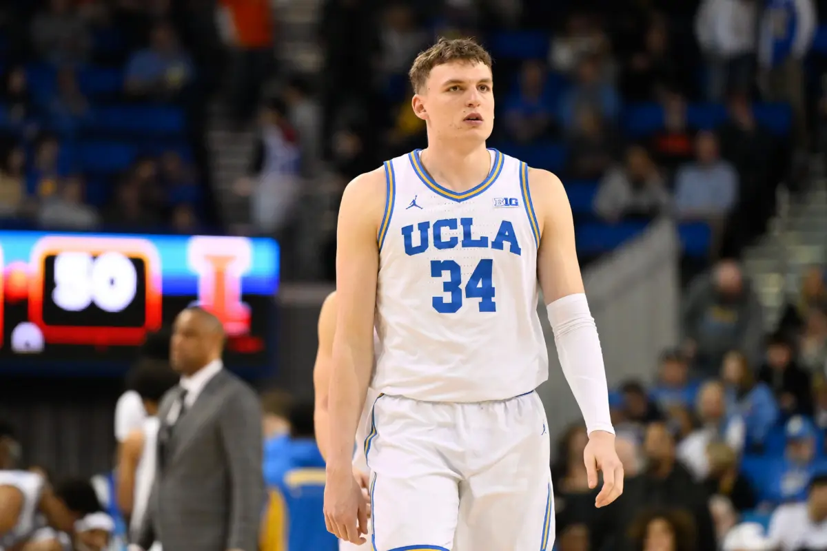 Feb 21, 2026; Los Angeles, California, USA; UCLA forward Tyler Bilodeau (34) during the 1st half against Illinois at Pauley Pavilion presented by Wescom Financial. Mandatory Credit: Robert Hanashiro-Imagn Images