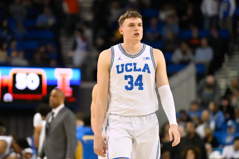 Feb 21, 2026; Los Angeles, California, USA; UCLA forward Tyler Bilodeau (34) during the 1st half against Illinois at Pauley Pavilion presented by Wescom Financial. Mandatory Credit: Robert Hanashiro-Imagn Images