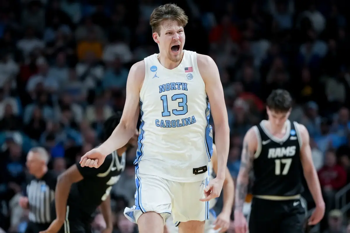 North Carolina Tar Heels center Henri Veesaar (13) celebrates after a play against the VCU Rams in the first half of a first round game of the men's 2026 NCAA Tournament at Bon Secours Wellness Arena.