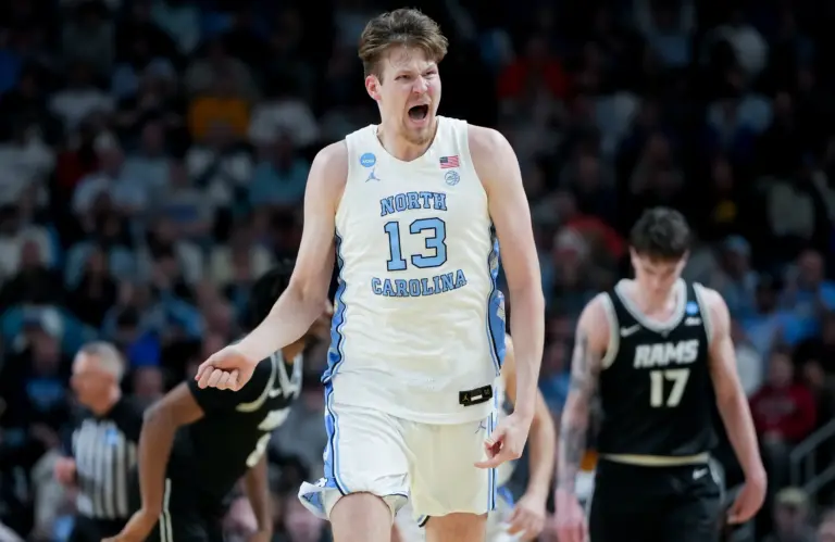 North Carolina Tar Heels center Henri Veesaar (13) celebrates after a play against the VCU Rams in the first half of a first round game of the men's 2026 NCAA Tournament at Bon Secours Wellness Arena.