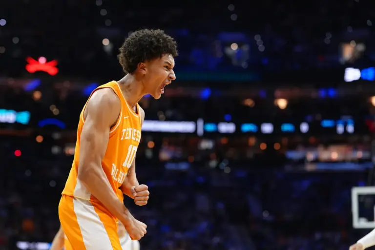 Mar 22, 2026; Philadelphia, PA, USA; Tennessee Volunteers forward Nate Ament (10) reacts against the Virginia Cavaliers in the first half during a second round game of the men's 2026 NCAA Tournament at Xfinity Mobile Arena. Mandatory Credit: Kyle Ross-Imagn Images