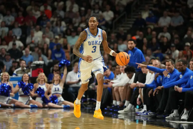 Duke Blue Devils guard Isaiah Evans (3) brings the ball up the court in the first half during a second round game of the men's 2026 NCAA Tournament at Bon Secours Wellness Arena.