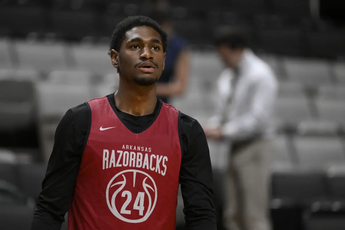 Arkansas Razorbacks forward Billy Richmond III (24) looks on during a practice session ahead of the west regional of the men's 2026 NCAA Tournament at SAP Center.