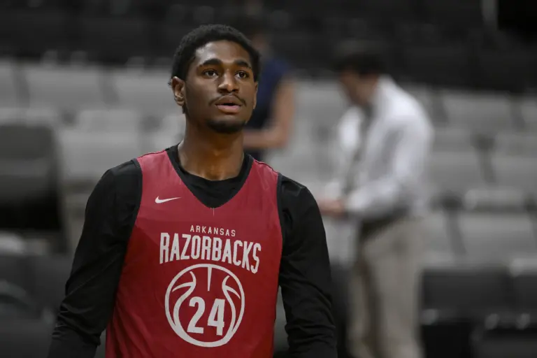 Arkansas Razorbacks forward Billy Richmond III (24) looks on during a practice session ahead of the west regional of the men's 2026 NCAA Tournament at SAP Center.