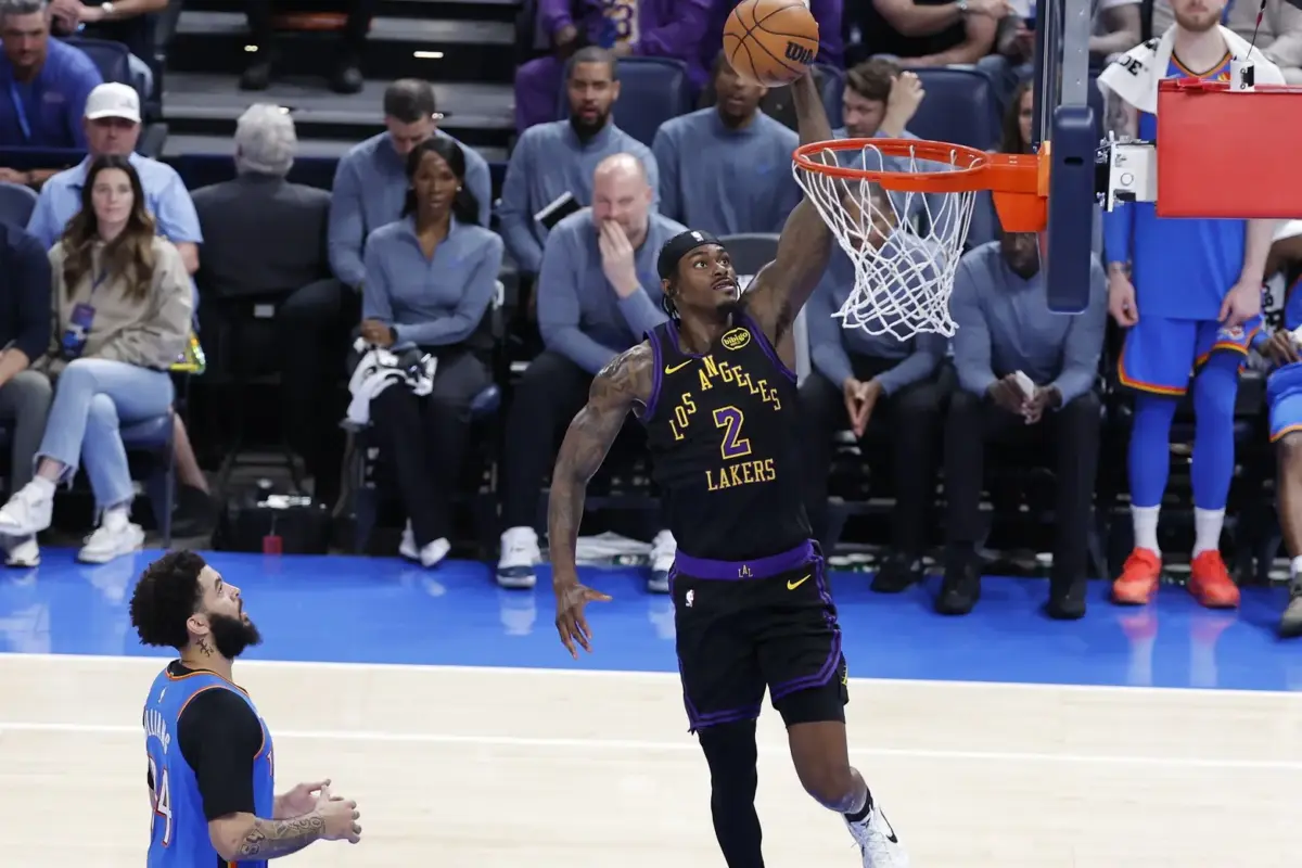 Apr 2, 2026; Oklahoma City, Oklahoma, USA; Los Angeles Lakers forward Jarred Vanderbilt (2) dunks against the Oklahoma City Thunder during the second half at Paycom Center. Mandatory Credit: Alonzo Adams-Imagn Images