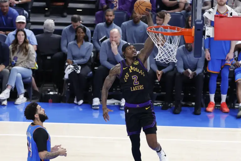 Apr 2, 2026; Oklahoma City, Oklahoma, USA; Los Angeles Lakers forward Jarred Vanderbilt (2) dunks against the Oklahoma City Thunder during the second half at Paycom Center. Mandatory Credit: Alonzo Adams-Imagn Images