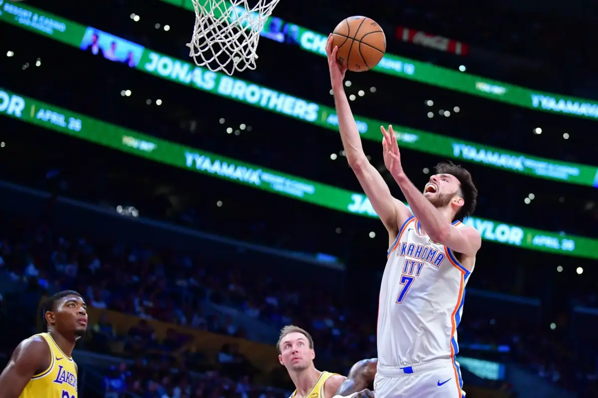 Oklahoma City Thunder center Chet Holmgren (7) shoots against the Los Angeles Lakers during the second half at Crypto.com Arena.