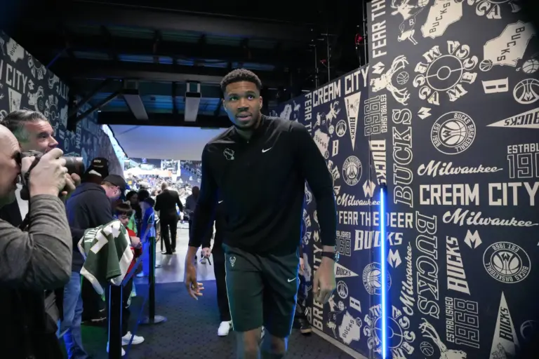 Apr 10, 2026; Milwaukee, Wisconsin, USA; Milwaukee Bucks forward Giannis Antetokounmpo (34) walks to the locker room prior to the game against the Brooklyn Nets at Fiserv Forum. Mandatory Credit: Jeff Hanisch-Imagn Images