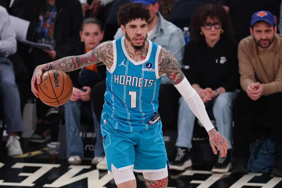 Charlotte Hornets guard LaMelo Ball (1) dribbles up court against the New York Knicks during the first half at Madison Square Garden.