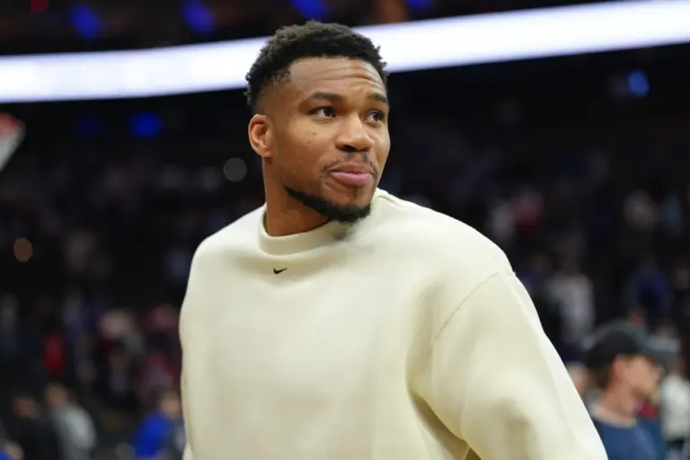 Milwaukee Bucks forward Giannis Antetokounmpo looks on after the game against the Philadelphia 76ers at Xfinity Mobile Arena. There is the potential of a massive Giannis-Blazers trade in the offseason.