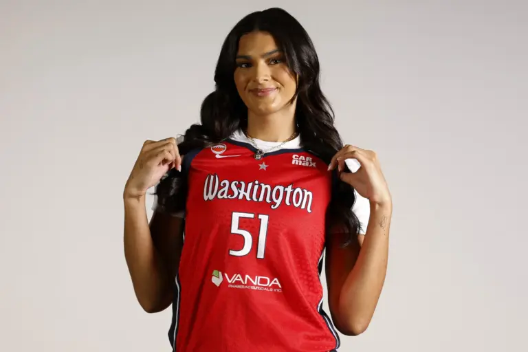 Washington Mystics center Lauren Betts (51) poses for a portrait during Mystics Media Day at CareFirst Arena. She is one of the top WNBA rookies to look out for this season.