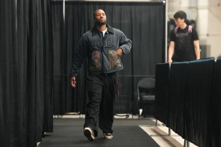 Portland Trail Blazers guard Damian Lillard (0) enters Frost Bank Center before game two of the first round of the 2026 NBA Playoffs. Lillard can be a big factor in the Blazers' offseason plans.