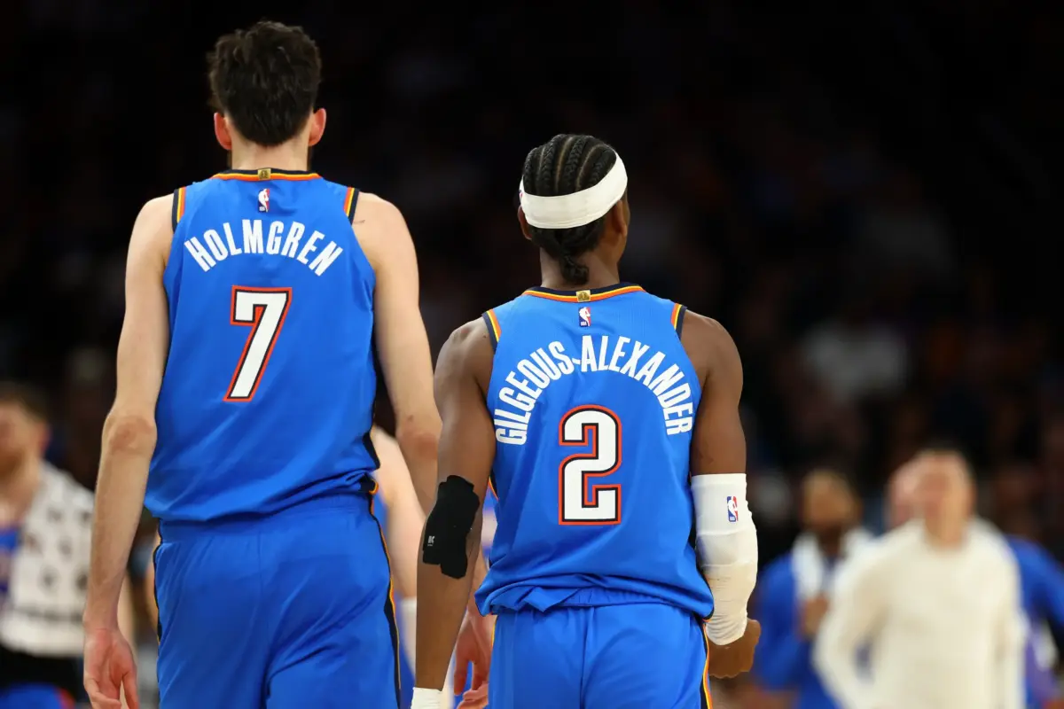 Detailed view of the jersey of Oklahoma City Thunder center Chet Holmgren (7) and guard Shai Gilgeous-Alexander (2) against the Phoenix Suns during game four of the first round of the 2026 NBA Playoffs at Mortgage Matchup Center. The Thunder vs Lakers matchup is Oklahoma City's second round series.