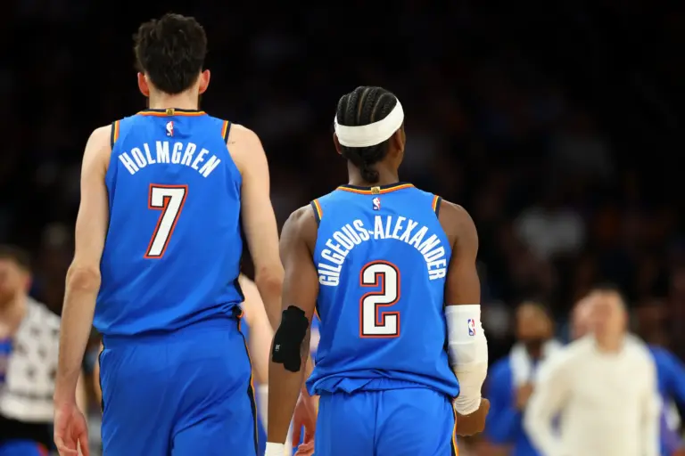 Detailed view of the jersey of Oklahoma City Thunder center Chet Holmgren (7) and guard Shai Gilgeous-Alexander (2) against the Phoenix Suns during game four of the first round of the 2026 NBA Playoffs at Mortgage Matchup Center. The Thunder vs Lakers matchup is Oklahoma City's second round series.