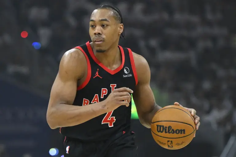 Toronto Raptors forward Scottie Barnes (4) brings the ball up court against the Cleveland Cavaliers in the first quarter of game five of the first round of the 2026 NBA Playoffs at Rocket Arena.