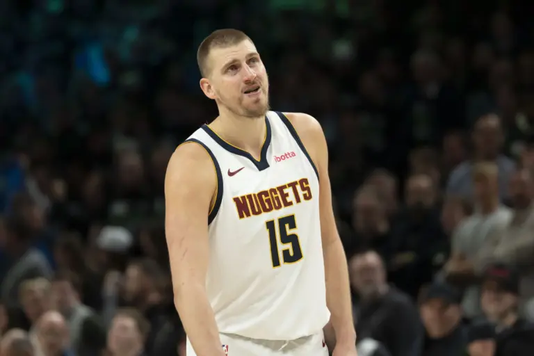 Denver Nuggets center Nikola Jokic grimaces during first round of 2026 NBA Playoffs