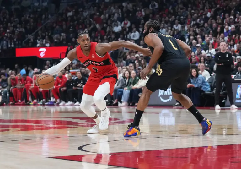 May 1, 2026; Toronto, Ontario, CAN; Toronto Raptors forward RJ Barrett (9) controls the ball as Cleveland Cavaliers guard James Harden (1) tries to defend during the first quarter in game six of the first round of the 2026 NBA Playoffs at Scotiabank Arena. Mandatory Credit: Nick Turchiaro-Imagn Images