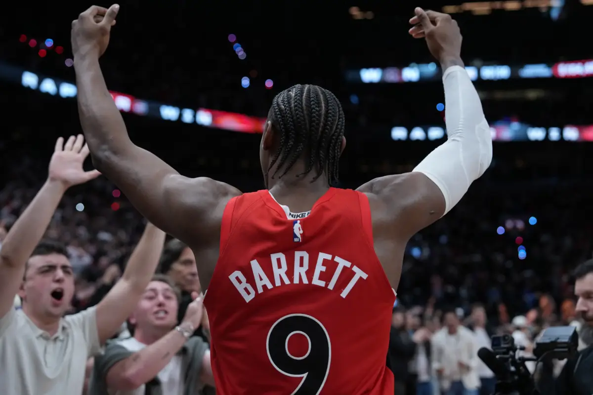 May 1, 2026; Toronto, Ontario, CAN; Toronto Raptors forward RJ Barrett (9) celebrates after scoring the winning basket against the Cleveland Cavaliers during the overtime period in game six of the first round of the 2026 NBA Playoffs at Scotiabank Arena. Mandatory Credit: Nick Turchiaro-Imagn Images