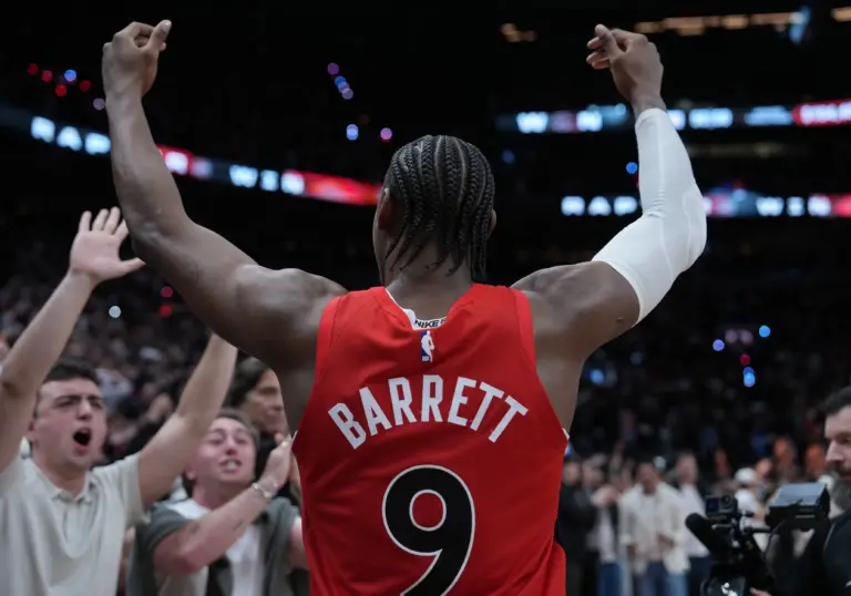 May 1, 2026; Toronto, Ontario, CAN; Toronto Raptors forward RJ Barrett (9) celebrates after scoring the winning basket against the Cleveland Cavaliers during the overtime period in game six of the first round of the 2026 NBA Playoffs at Scotiabank Arena. Mandatory Credit: Nick Turchiaro-Imagn Images