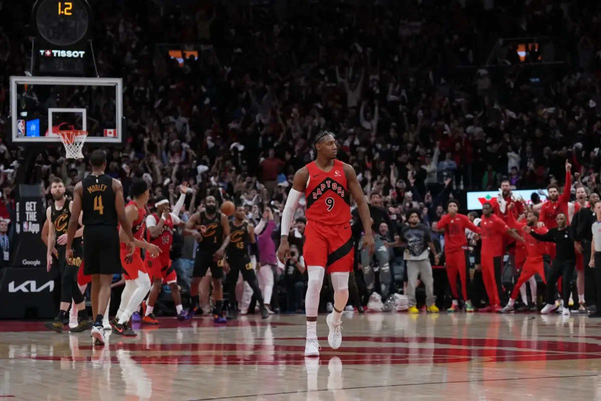 May 1, 2026; Toronto, Ontario, CAN; Toronto Raptors forward RJ Barrett (9) reacts after scoring the winning basket against the Cleveland Cavaliers during the overtime period in game six of the first round of the 2026 NBA Playoffs at Scotiabank Arena. Mandatory Credit: Nick Turchiaro-Imagn Images
