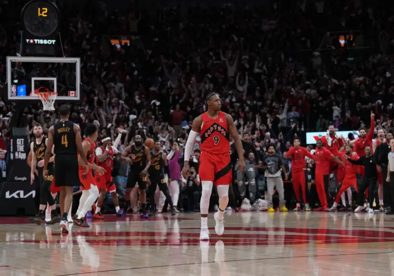 May 1, 2026; Toronto, Ontario, CAN; Toronto Raptors forward RJ Barrett (9) reacts after scoring the winning basket against the Cleveland Cavaliers during the overtime period in game six of the first round of the 2026 NBA Playoffs at Scotiabank Arena. Mandatory Credit: Nick Turchiaro-Imagn Images