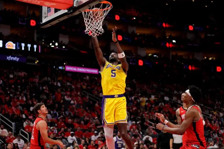 May 1, 2026; Houston, Texas, USA; Los Angeles Lakers center Deandre Ayton (5) shoots against the Houston Rockets during the third quarter of game six of the first round of the 2026 NBA Playoffs at Toyota Center. Mandatory Credit: Erik Williams-Imagn Images