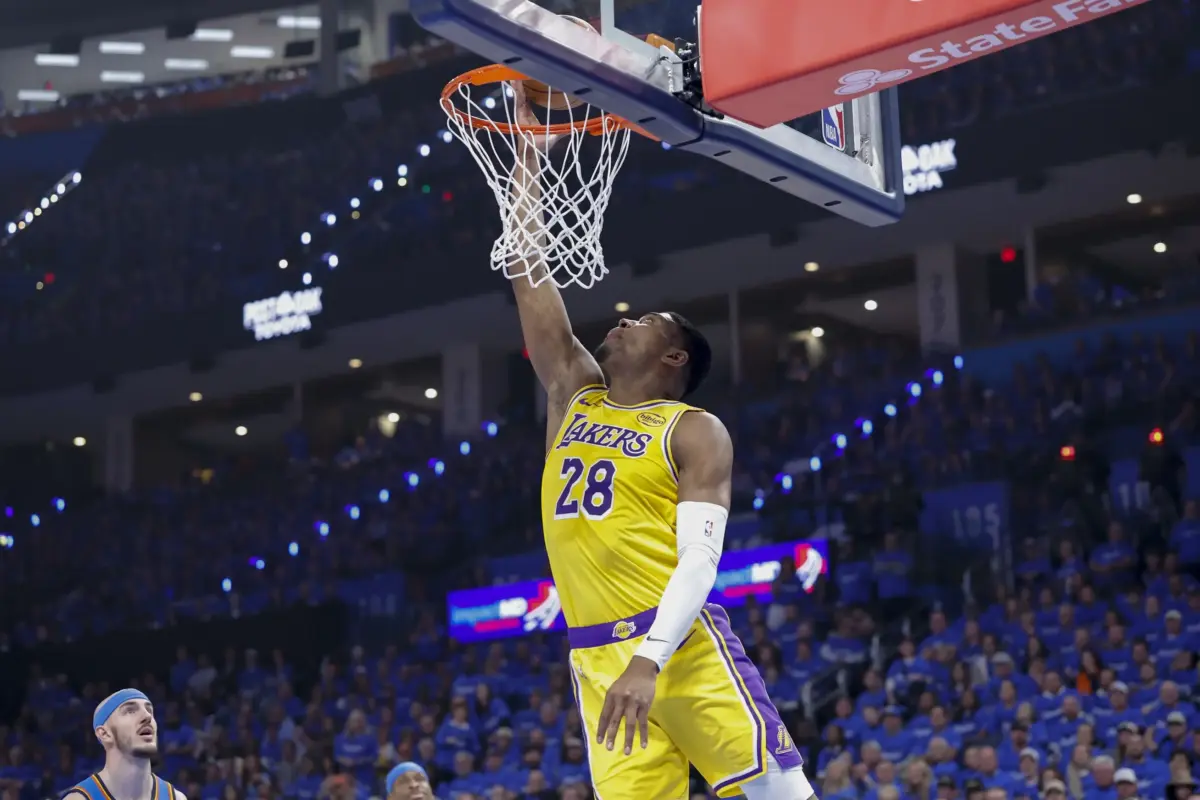 Los Angeles Lakers forward Rui Hachimura (28) goes up for a basket against the Oklahoma City Thunder in the first half during game one of the second round of the 2026 NBA Playoffs at Paycom Center. Lakers vs Thunder game 2 is up next.