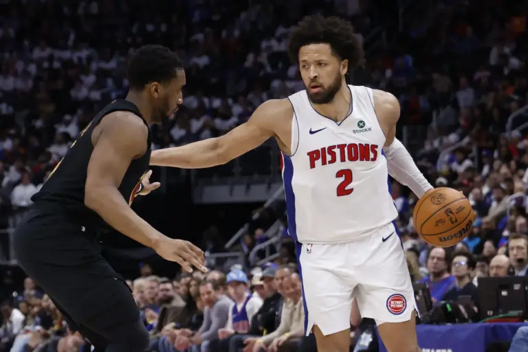 Detroit Pistons guard Cade Cunningham (2) is defended by Cleveland Cavaliers guard Donovan Mitchell (45) in the second half during game one of the second round of the 2026 NBA Playoffs at Little Caesars Arena. The second Cleveland vs Detroit game will be on May 7th, 2026.