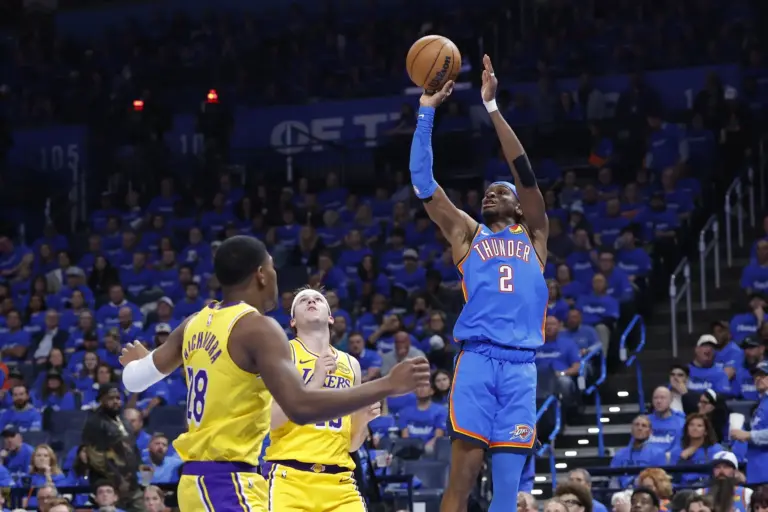 Oklahoma City Thunder guard Shai Gilgeous-Alexander (2) shoots over Los Angeles Lakers forward Rui Hachimura (28) in the second half during the Thunder vs Lakers game 1 of the second round of the 2026 NBA Playoffs at Paycom Center.