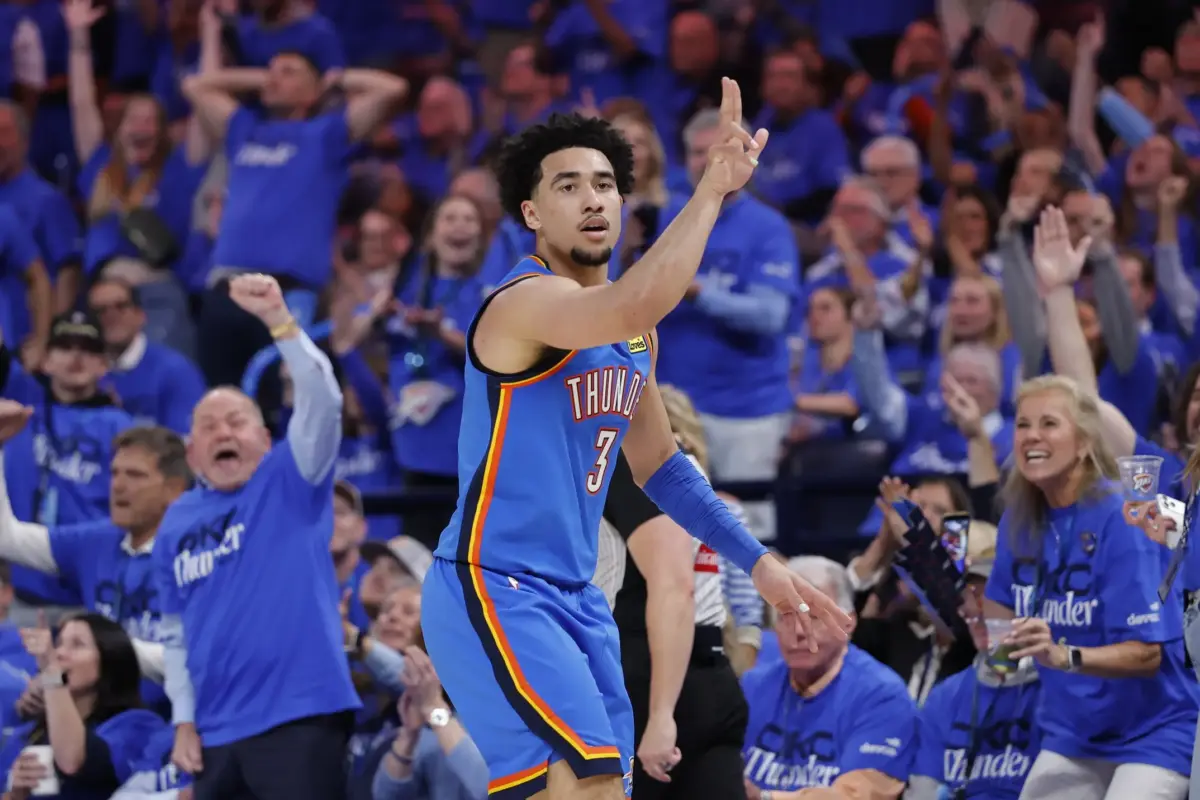 May 5, 2026; Oklahoma City, Oklahoma, USA; Oklahoma City Thunder guard Jared McCain (3) gestures after scoring a three point basket against the Los Angeles Lakers in the second half during game one of the second round of the 2026 NBA Playoffs at Paycom Center. Mandatory Credit: Alonzo Adams-Imagn Images