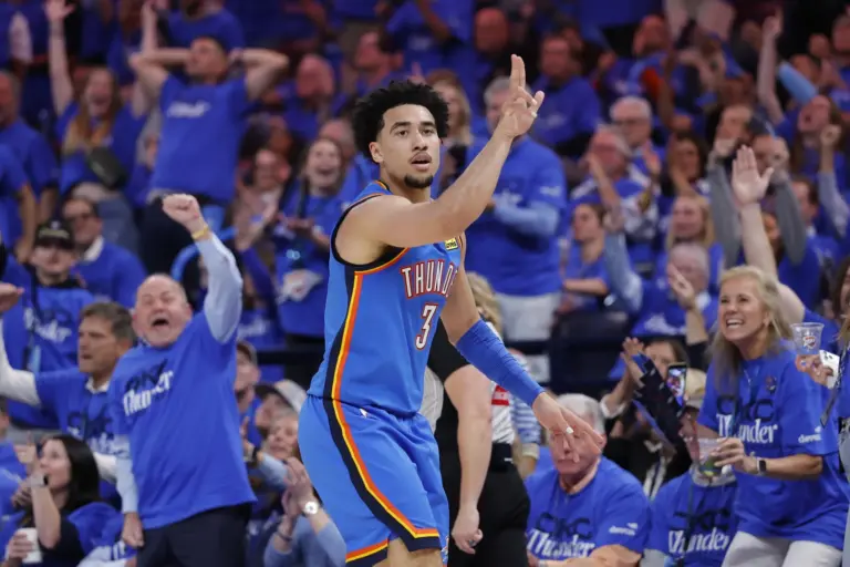 May 5, 2026; Oklahoma City, Oklahoma, USA; Oklahoma City Thunder guard Jared McCain (3) gestures after scoring a three point basket against the Los Angeles Lakers in the second half during game one of the second round of the 2026 NBA Playoffs at Paycom Center. Mandatory Credit: Alonzo Adams-Imagn Images