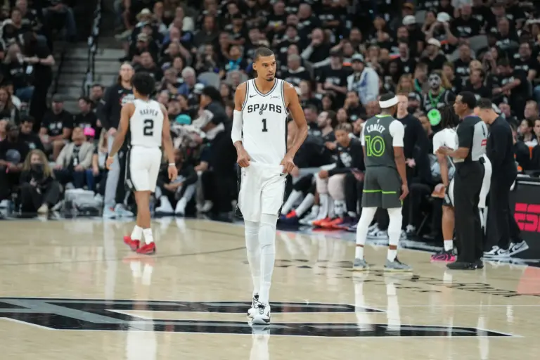 May 6, 2026; San Antonio, Texas, USA; San Antonio Spurs forward Victor Wembanyama (1) walks up the court in the second half against the Minnesota Timberwolves during game two of the second round of the 2026 NBA Playoffs at Frost Bank Center. Mandatory Credit: Daniel Dunn-Imagn Images