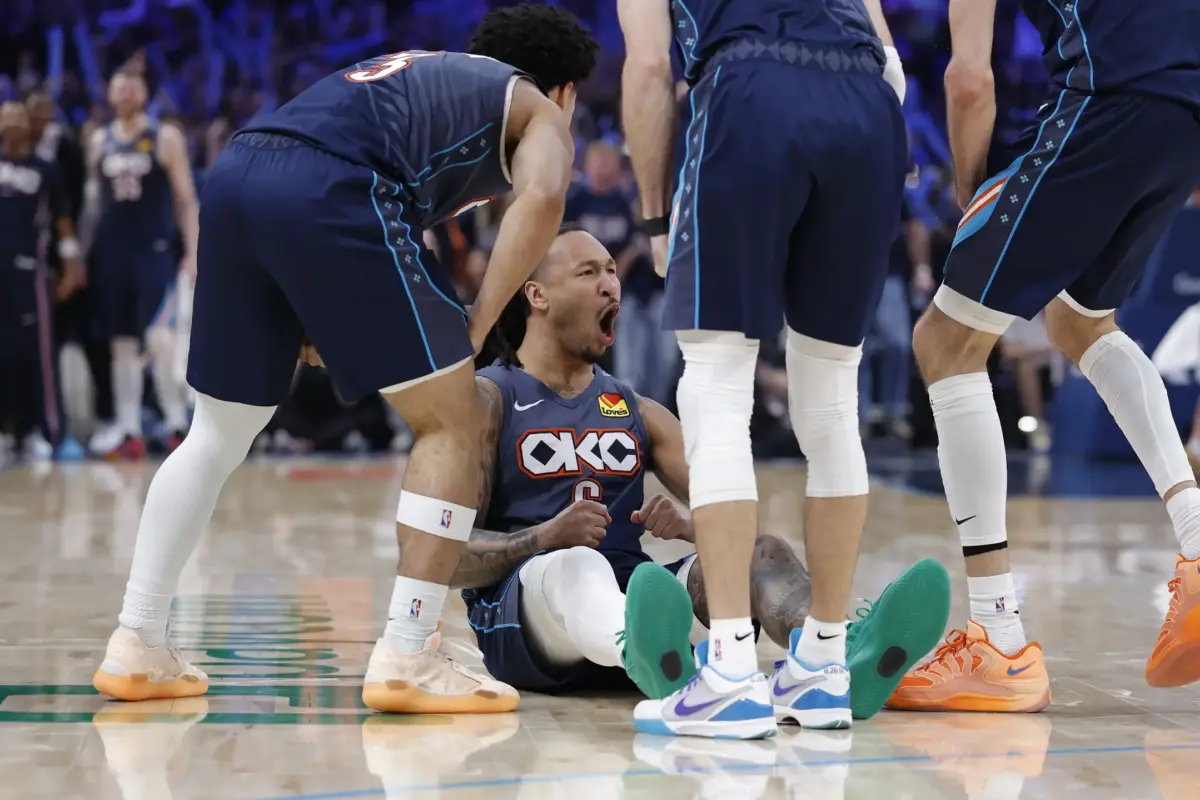 Oklahoma City Thunder forward Jaylin Williams (6) celebrates after scoring against the Los Angeles Lakers in the second half during game two of the second round of the 2026 NBA Playoffs at Paycom Center. The Thunder now has 2-0 lead in the OKC vs LAL series.