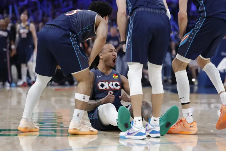 Oklahoma City Thunder forward Jaylin Williams (6) celebrates after scoring against the Los Angeles Lakers in the second half during game two of the second round of the 2026 NBA Playoffs at Paycom Center. The Thunder now has 2-0 lead in the OKC vs LAL series.