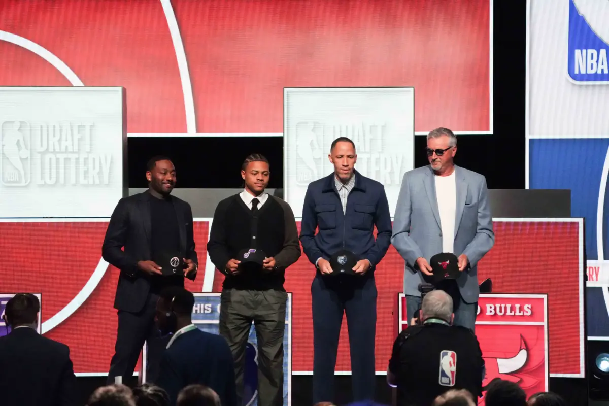 Washington Wizards former player John Wall, Utah Jazz former player Keynote George, Memphis Grizzlies former player Tayshaun Prince and Chicago Bulls former player Toni Kukoc pose for a photo during the 2026 NBA Draft Lottery at Navy Pier.