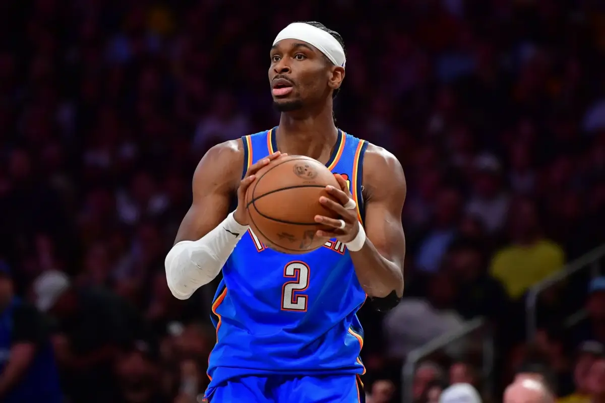 Oklahoma City Thunder (OKC) guard Shai Gilgeous-Alexander in Game 4 of the Western Conference Semifinals series against the Los Angeles Lakers