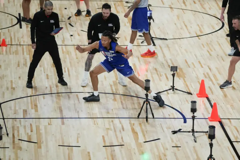 2026 NBA Draft prospect Kingston Flemings (Arkansas, guard) participates in 2026 NBA Draft Combine agility drills
