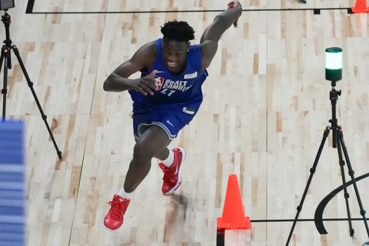 AJ Dybantsa participates in the 2026 NBA Draft Combine at Wintrust Arena. Dybantsa is the presumed first overall pick in the 2026 NBA Mock Draft.