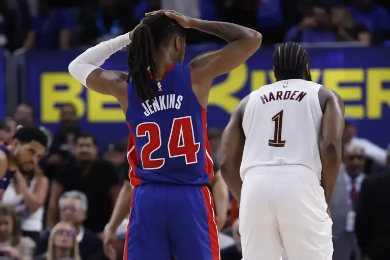 May 13, 2026; Detroit, Michigan, USA; Detroit Pistons guard Daniss Jenkins (24) reacts in overtime against the Cleveland Cavaliers during game five of the second round of the 2026 NBA Playoffs at Little Caesars Arena. Mandatory Credit: Rick Osentoski-Imagn Images