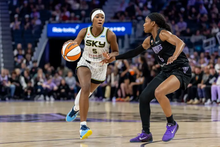 May 13, 2026; San Francisco, California, USA; Chicago Sky forward Rickea Jackson (5) brings the ball down the court during the third quarter against the Golden State Valkyries at Chase Center. Mandatory Credit: Bob Kupbens-Imagn Images