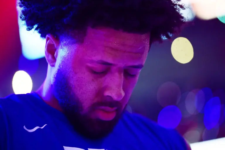 Detroit Pistons guard Cade Cunningham (2) listens to the national anthem before game six between the Cleveland Cavaliers and the Pistons in the second round of the 2026 NBA Playoffs at Rocket Arena.