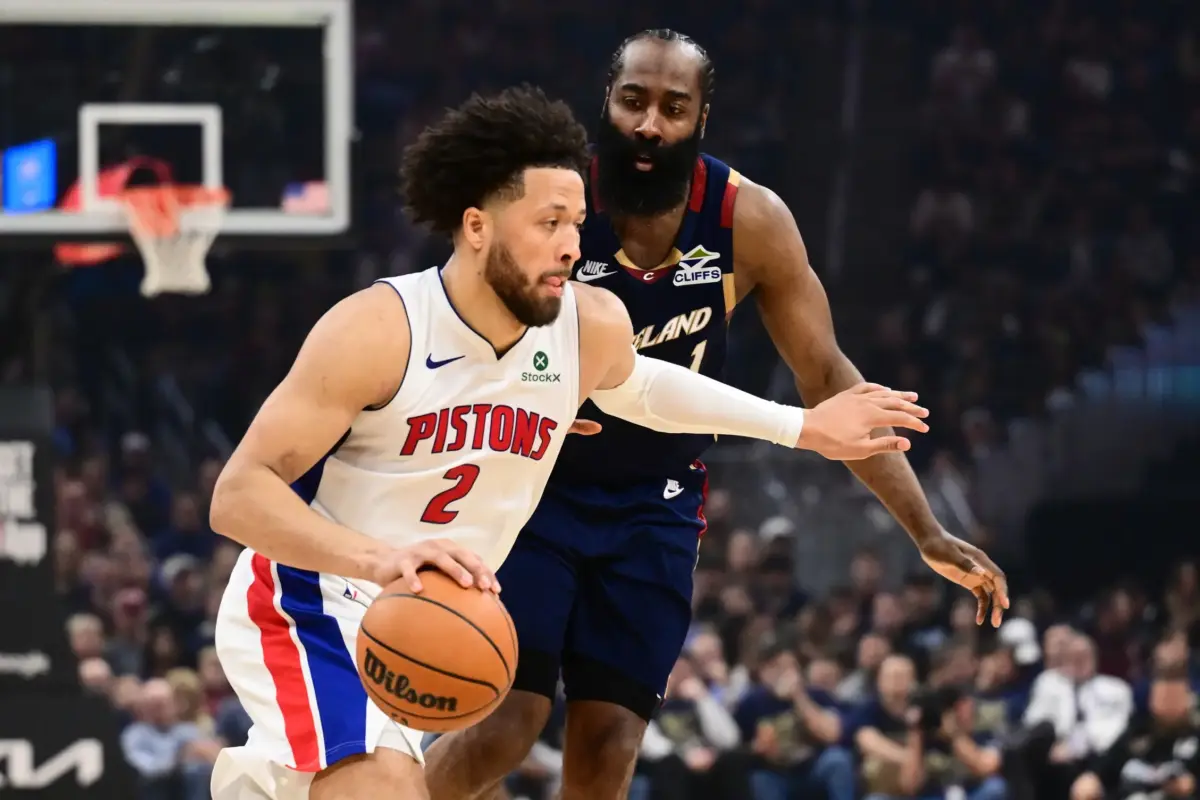 Cleveland Cavaliers guard James Harden defends against Detroit Pistons guard Cade Cunningham