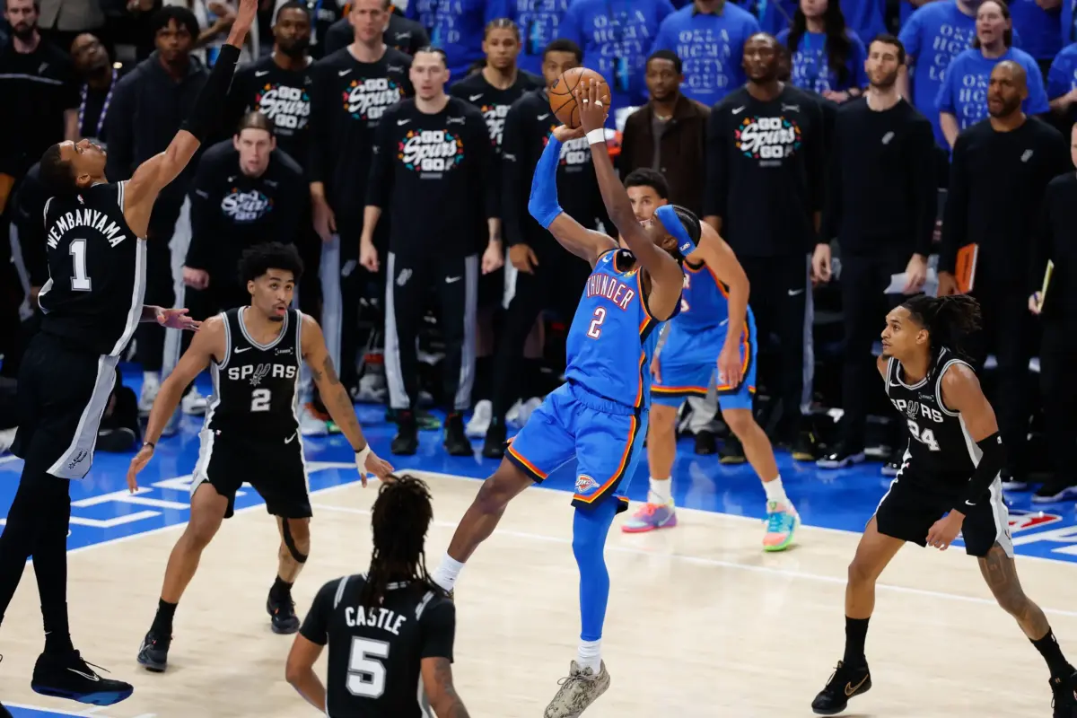 Oklahoma City Thunder guard Shai Gilgeous-Alexander (2) shoots in the fourth quarter against the San Antonio Spurs during game one of the western conference finals for the 2026 NBA playoffs at Paycom Center. The Spurs vs Thunder Game 2 matchup looks to be equally as exciting as the first.