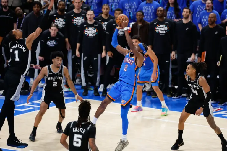 Oklahoma City Thunder guard Shai Gilgeous-Alexander (2) shoots in the fourth quarter against the San Antonio Spurs during game one of the western conference finals for the 2026 NBA playoffs at Paycom Center. The Spurs vs Thunder Game 2 matchup looks to be equally as exciting as the first.
