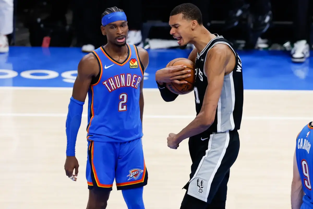 San Antonio Spurs center Victor Wembanyama (1) reacts in double overtime against the Oklahoma City Thunder during game one of the western conference finals for the 2026 NBA playoffs at Paycom Center. The Thunder need to adjust for the Thunder vs Spurs Game 2.