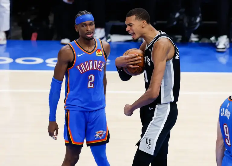 San Antonio Spurs center Victor Wembanyama (1) reacts in double overtime against the Oklahoma City Thunder during game one of the western conference finals for the 2026 NBA playoffs at Paycom Center. The Thunder need to adjust for the Thunder vs Spurs Game 2.